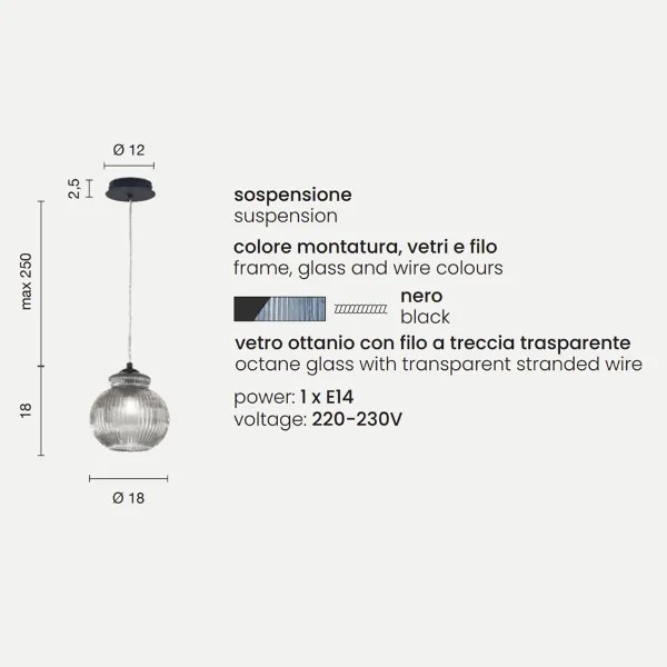 Lampada sospensione D18 cm in vetro soffiato Ottanio - MADAGASCAR Mod1