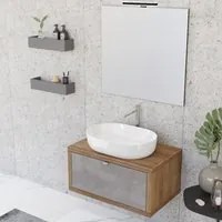 Composizione bagno sospesa Nyumba rovere con cassetto grigio caldo 80x40 comprende lavabo, specchio e lampada LED