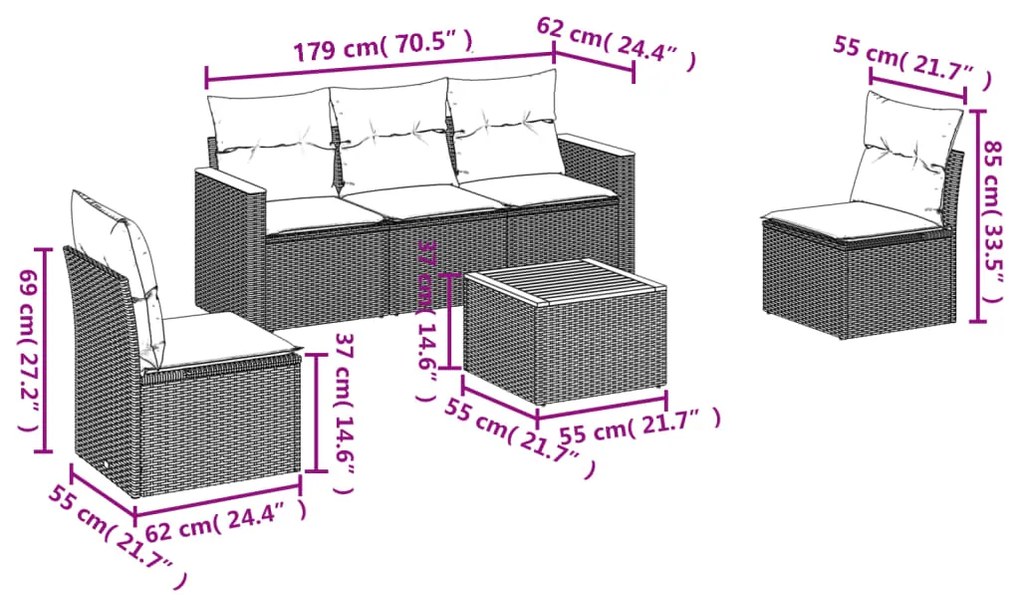 Set divano da giardino 6 pz con cuscini grigio in polyrattan