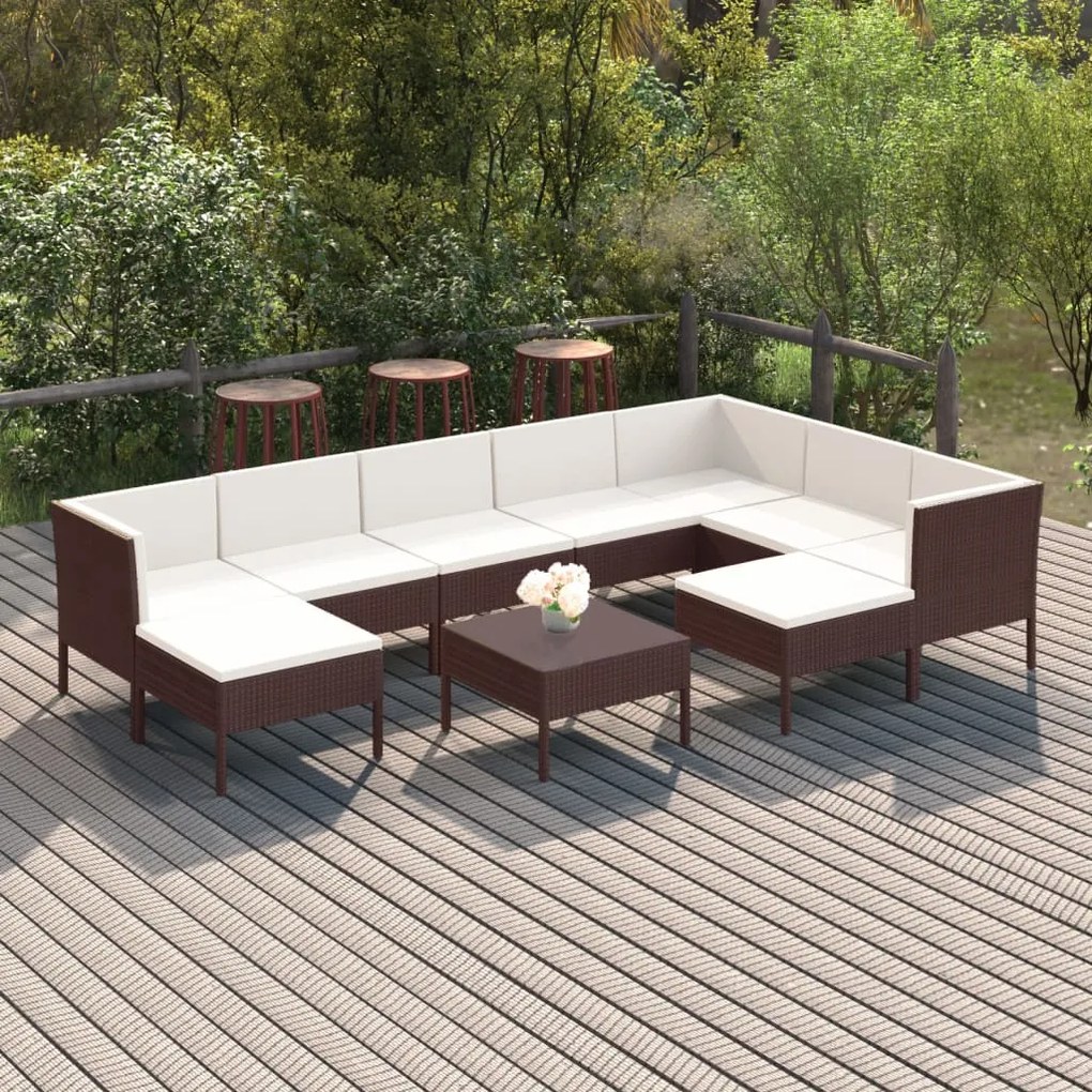 Set divani da giardino 10 pz con cuscini in polyrattan marrone