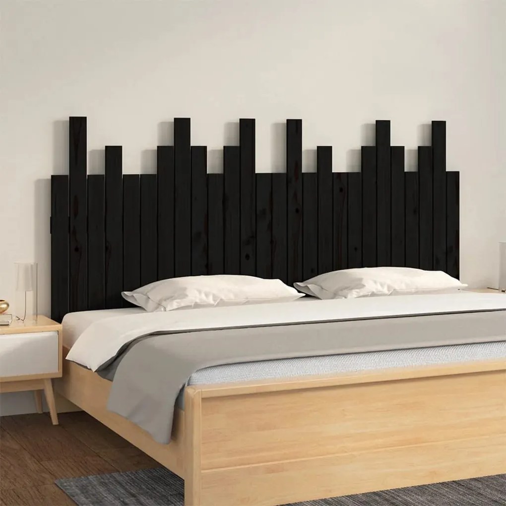 Testiera Da Parete Nera 166x3x80 Cm İn Legno Massello Di Pino /