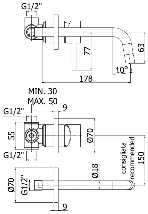 Paffoni Light Lig006st70 Miscelatore lavabo Ad Incasso Con Piastra E Bocca 175 Mm Steel Looking Acciaio