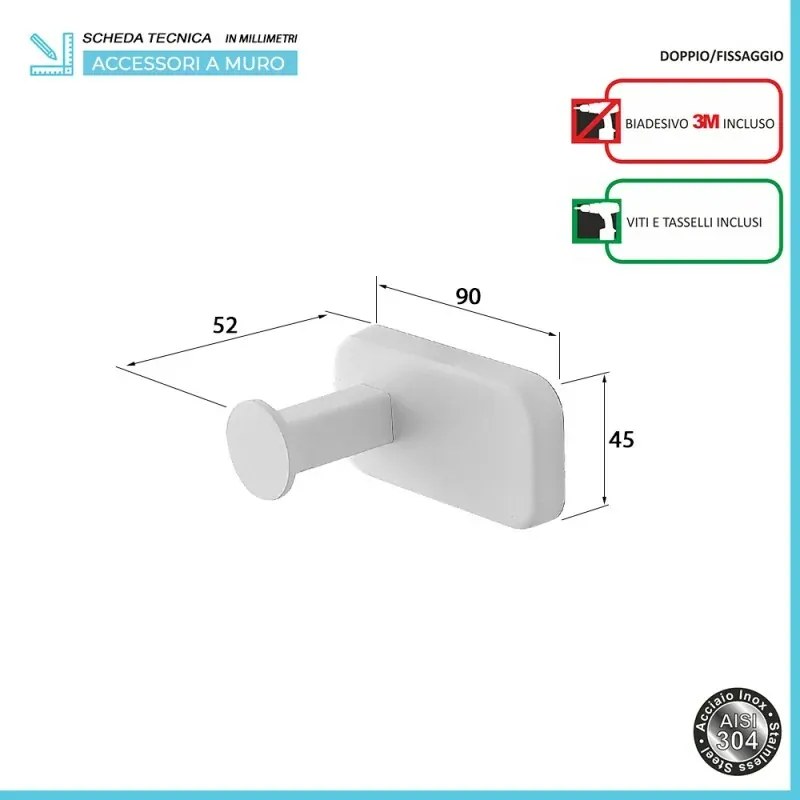 Set 4pz con appendino, porta rotolo e 2 porta salviette a muro in acciaio bianco Cubik
