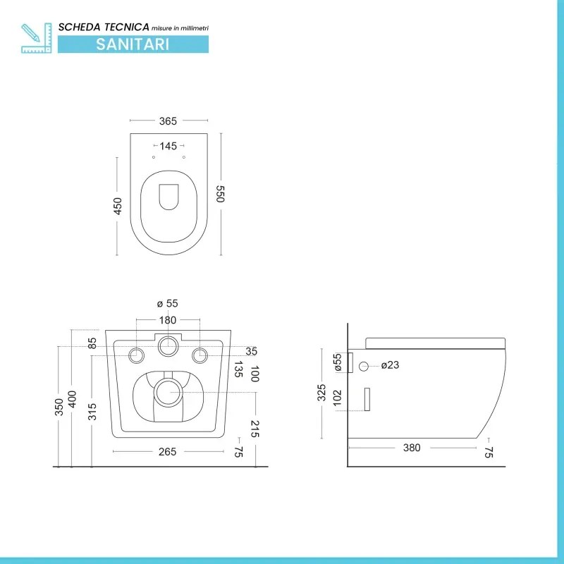 Sanitari sospesi rimless in ceramica nero opaca con copriwc Tokyo