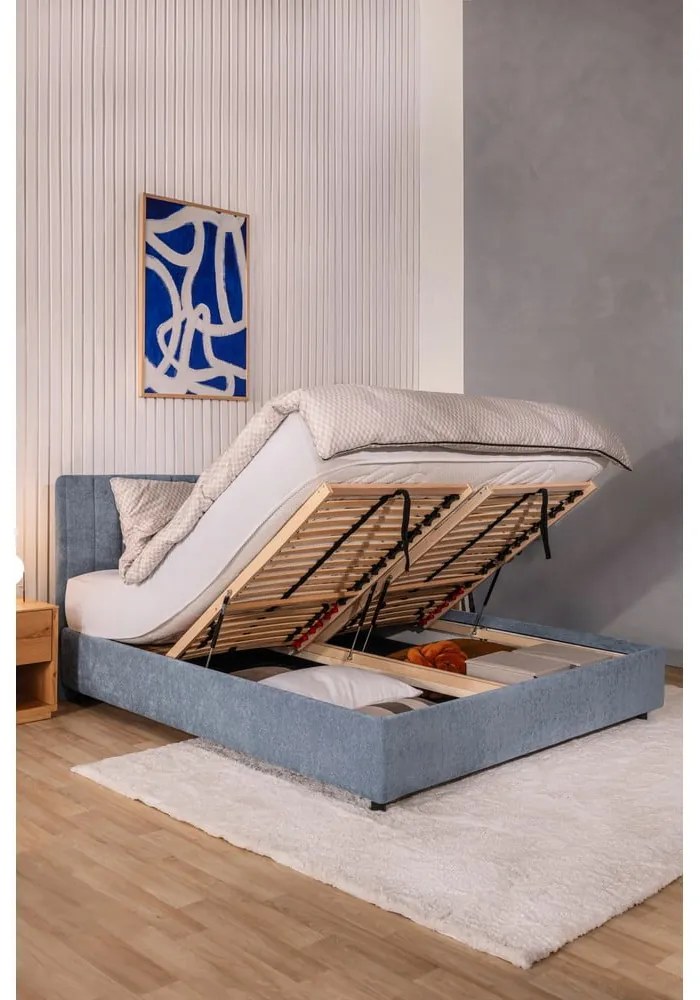 Letto matrimoniale imbottito blu con contenitore e rete inclusi 160x200 cm Myra Slim Line – Bonami Selection