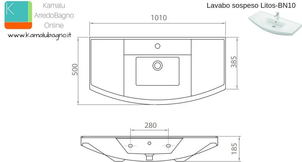 Lavabo bagno sospeso 100 cm in ceramica Litos-BN10 - KAMALU