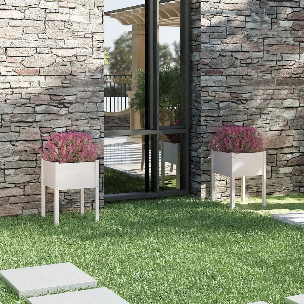 Fioriere Da Giardino 2 Pz Bianche 50x50x70 Cm Massello Di Pino /