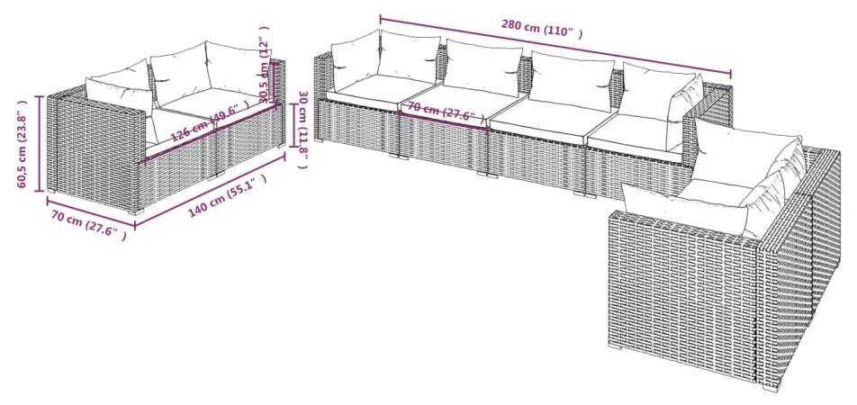 Set Divani da Giardino 8 pz con Cuscini in Polyrattan Nero