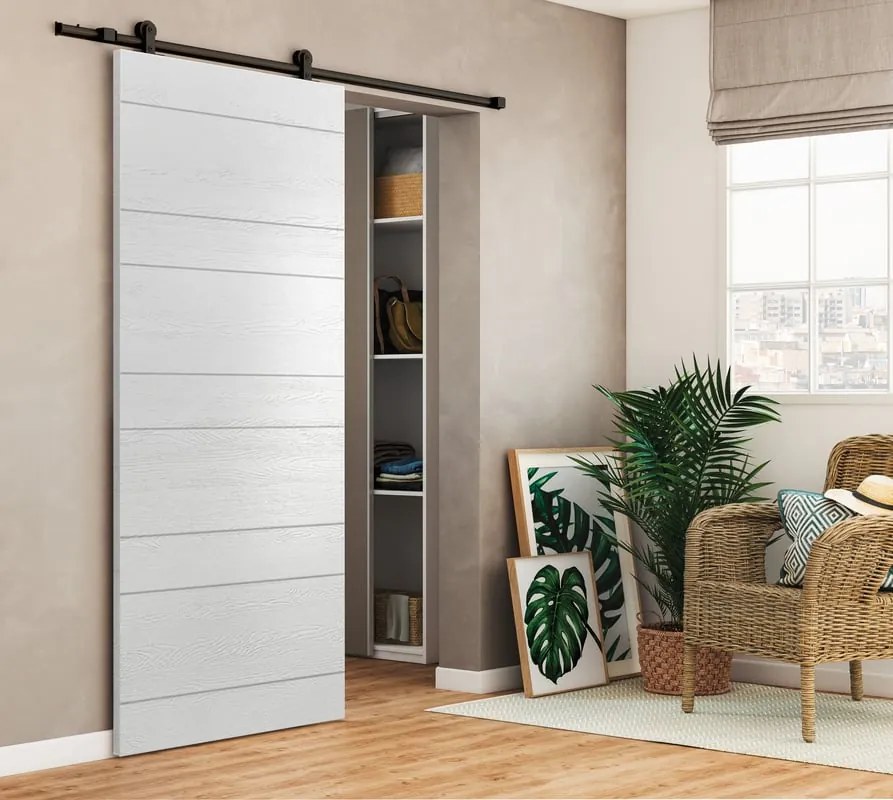 Porta scorrevole reversibile Ropes in mdf bianco, L 93 x H 212 cm, con binario Loft nero