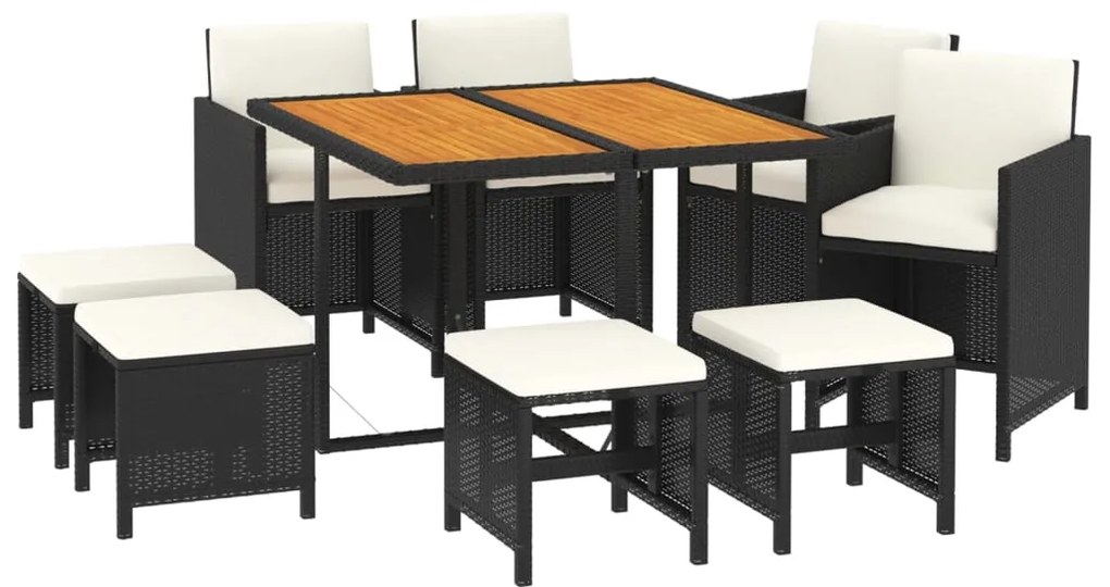 Set da pranzo per giardino 9pz con cuscini in polyrattan nero