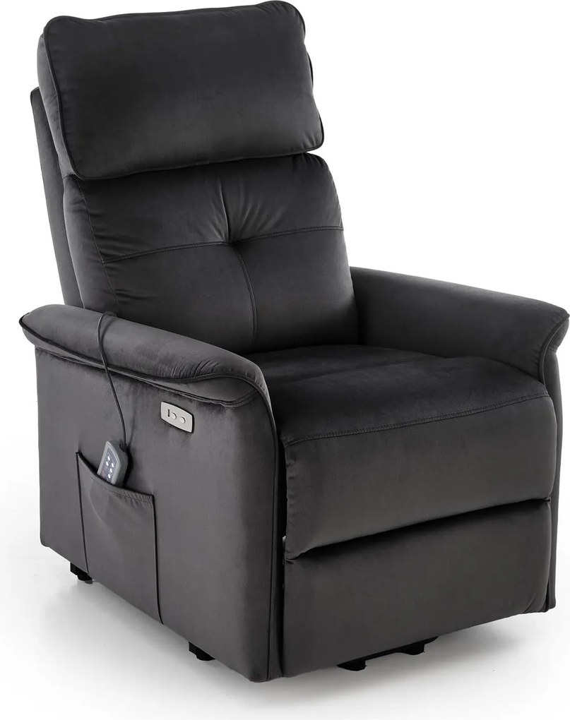 Poltrona relax Semir 2 con alzata assistita, massaggio ed USB in velluto nero – 80x108-90x90-160 cm