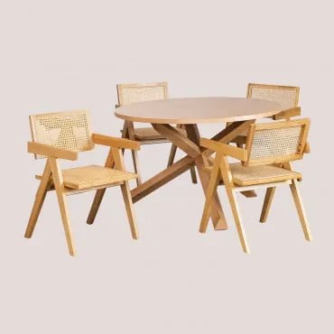 Set Tavolo Da Pranzo Rotondo Mieren (ø120 Cm) E 4 Sedie Con Braccioli In Legno Di Frassino E Rattan Lali Style Legno Naturale - Sklum