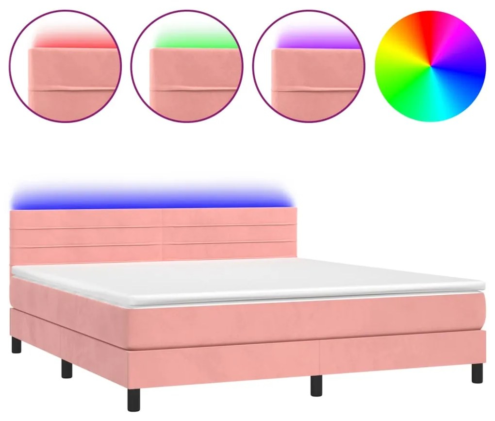 Letto a molle con materasso e led rosa 180x200 cm in velluto