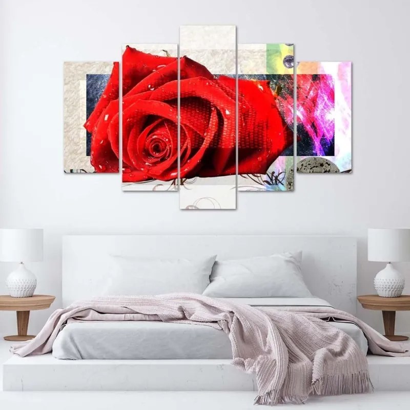 Quadro su tela 5 pannelli Fiori di rosa rossa Natura  Dimensioni 100x70