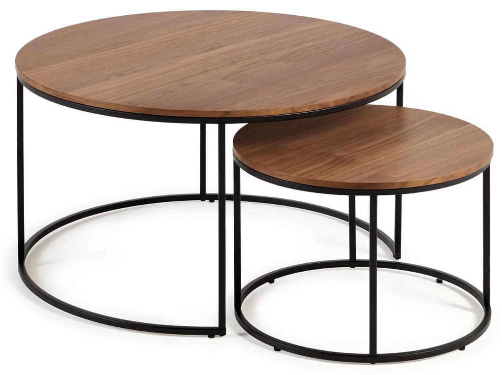 Kave Home - Set Yoana di 2 tavolini impiallacciati noce e metallo verniciato nero Ã˜ 80 cm/Ã˜ 50 cm