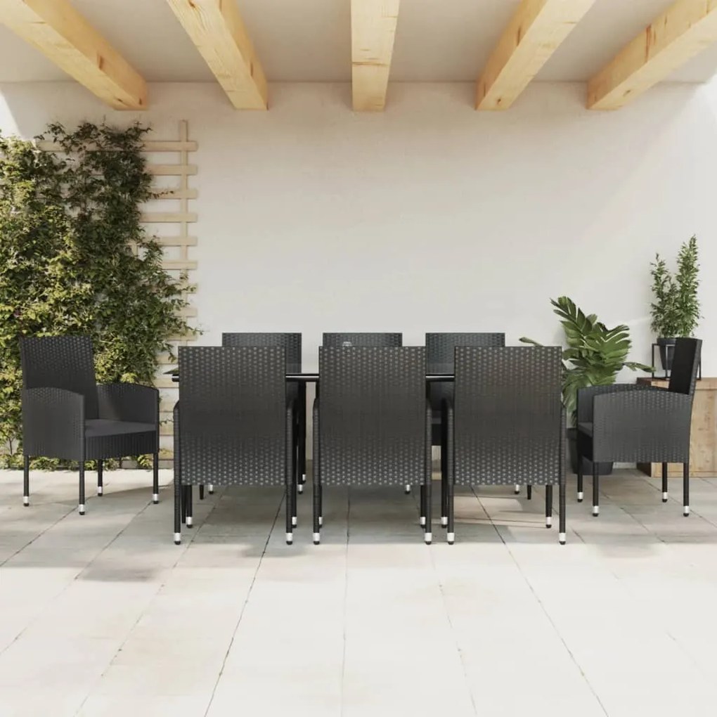 Set da pranzo da giardino 9 pz nero in polyrattan e acciaio