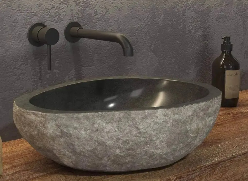 Lavabo Da Appoggio In Pietra Di Fiume Naturale Grigio