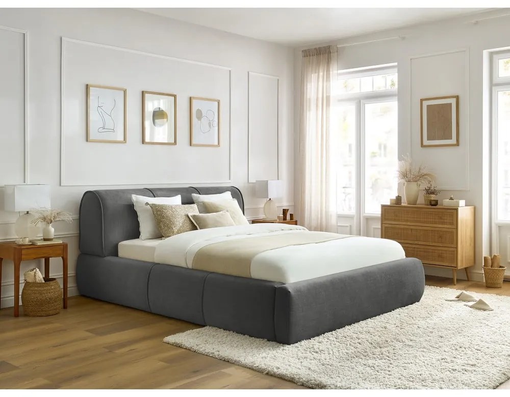 Letto matrimoniale imbottito grigio con contenitore con griglia 180x200 cm Vernon - Bobochic Paris