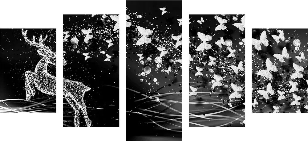 Quadri 5 pezzi – Cervo meraviglioso con farfalle in bianco e nero