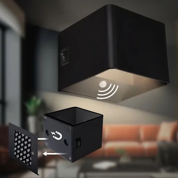 Briloner 3879015 - Lampada LED da parete ricaricabile con sensore BORRA, 1,5W/5V, batteria 3600 mAh, nera