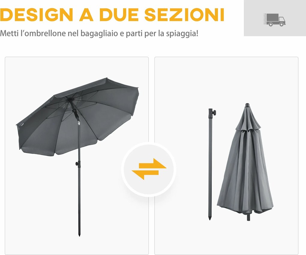 Ombrellone da Giardino Ø180x209 cm in Poliestere e Acciaio Grigio...