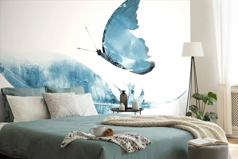 Carta da parati – Piuma con farfalla in stile blu