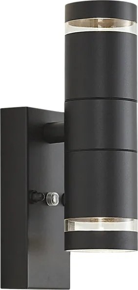 Lampada da parete moderna da esterno nera a 2 luci IP44 con sensore crepuscolare - Dubbla