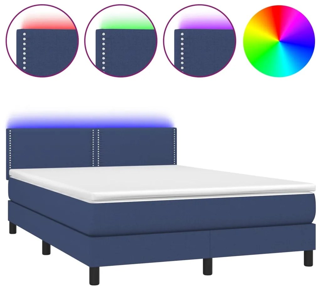 Letto a molle con materasso e led blu 140x200 cm in tessuto