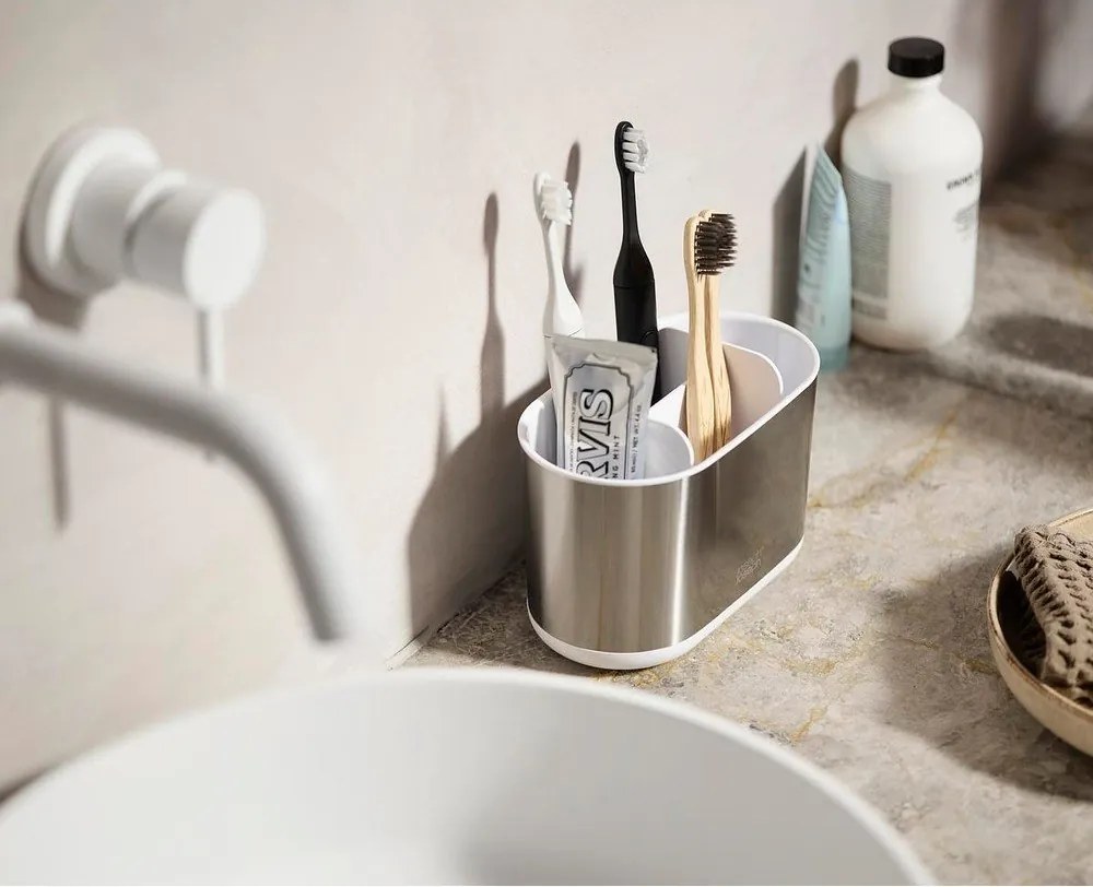 Portaspazzolino verticale argentato in acciaio inox Duo Steel – Joseph Joseph