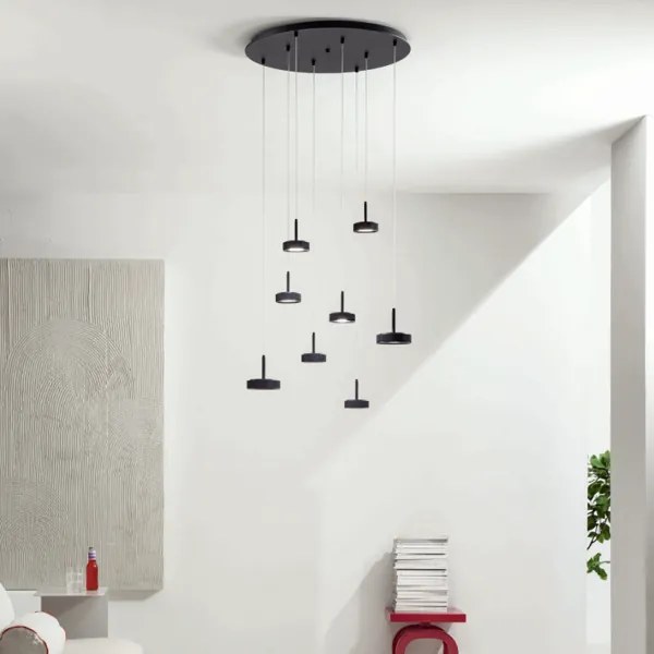 Lampada a sospensione 60 cm NINA in metallo verniciato Nero 8 Luci Led