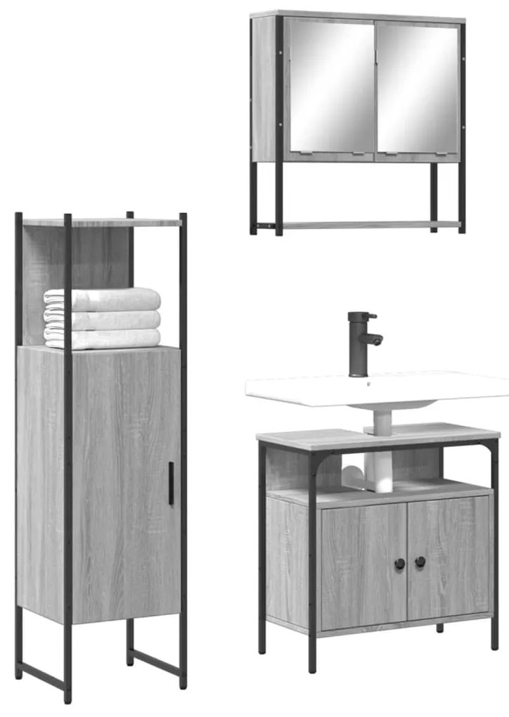 Set mobili da bagno 3 pz grigio sonoma in legno multistrato