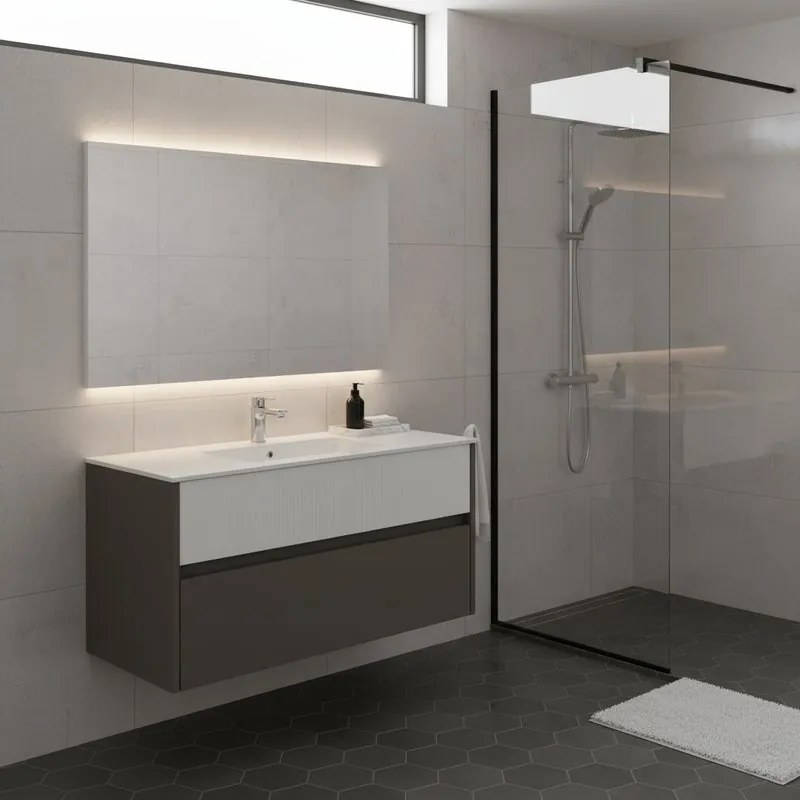 Mobile da bagno sospeso sotto lavabo Niwa 2 cassetti L 89.5 x H 50 x P 45.5 cm grigio e bianco cannettato