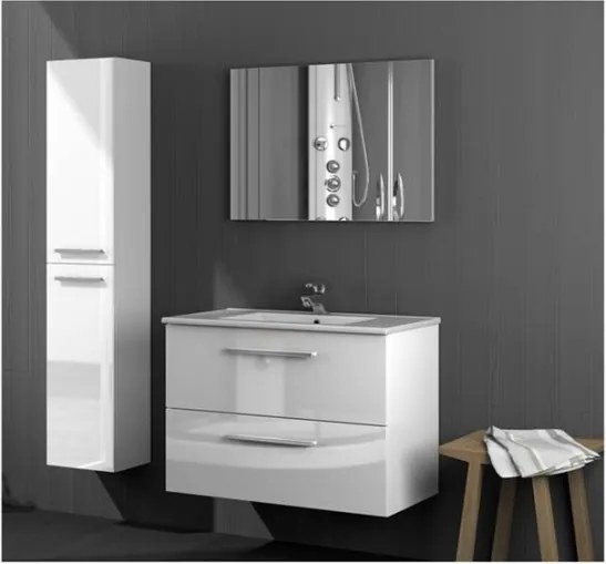 Mobile bagno sospeso 80 cm con colonna, lavabo e specchio bianco laccato - Aruba 94613
