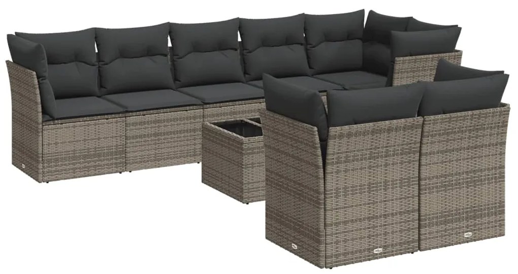 Set divano da giardino 9 pz con cuscini grigio in polyrattan