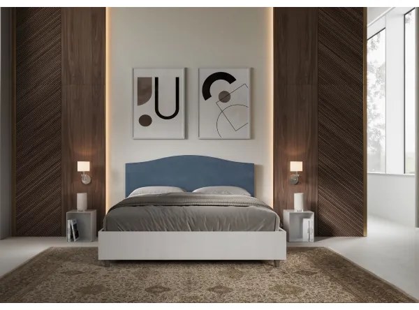 Letto contenitore da 160x190 in legno bianco e testata in microfibra blu Grace