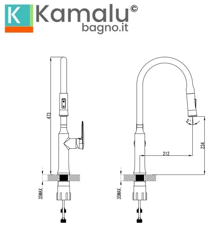 Kamalu - miscelatore cucina a canna alta con doccetta estraibile | kam-020