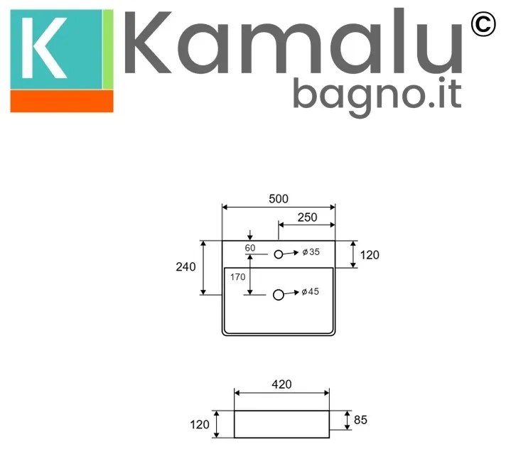 Kamalu - lavabo appoggio rettangolare in ceramica bianca opaca | litos-cbm500