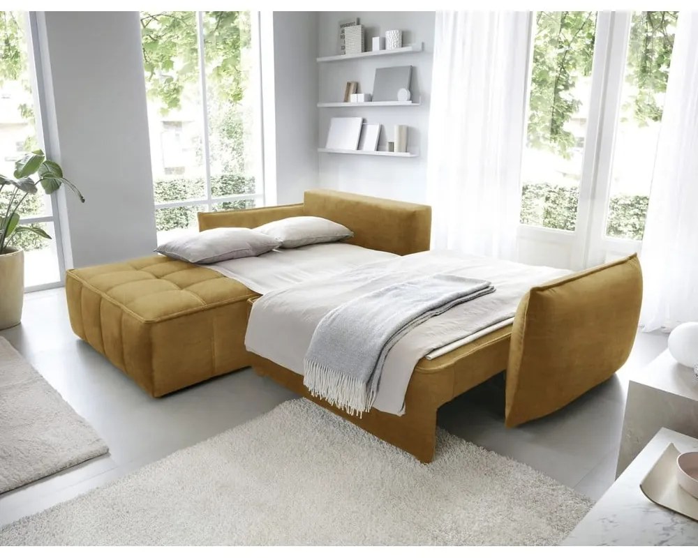 Divano angolare giallo allungabile/con contenitore (con penisola a sinistra/con chaise lounge) e rivestimento in velluto Campo – ELTAP