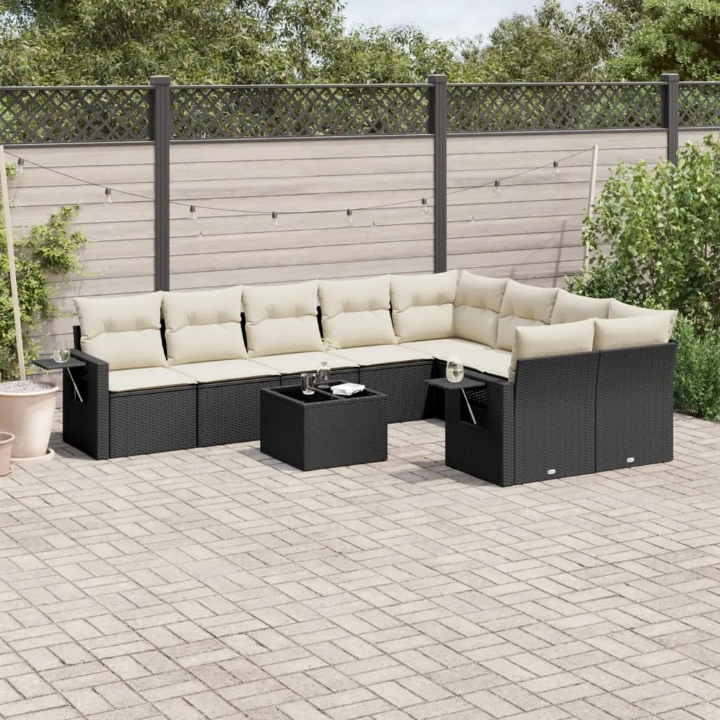 Set divani da giardino 10pz con cuscini in polyrattan nero