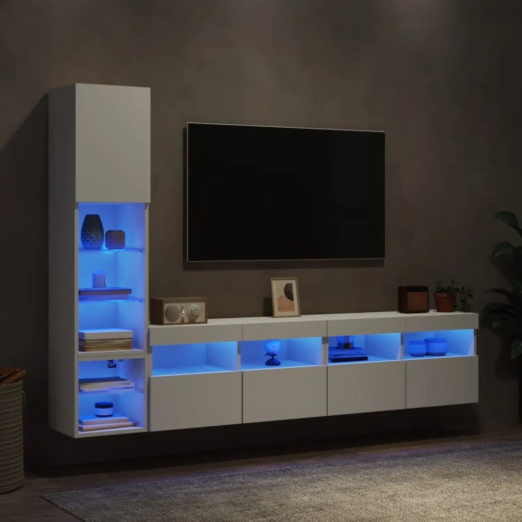 Mobili tv a muro con led 4pz bianchi in legno multistrato