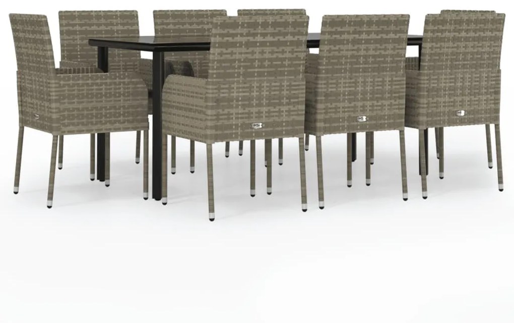 Set da pranzo giardino 9pz con cuscini nero e grigio polyrattan