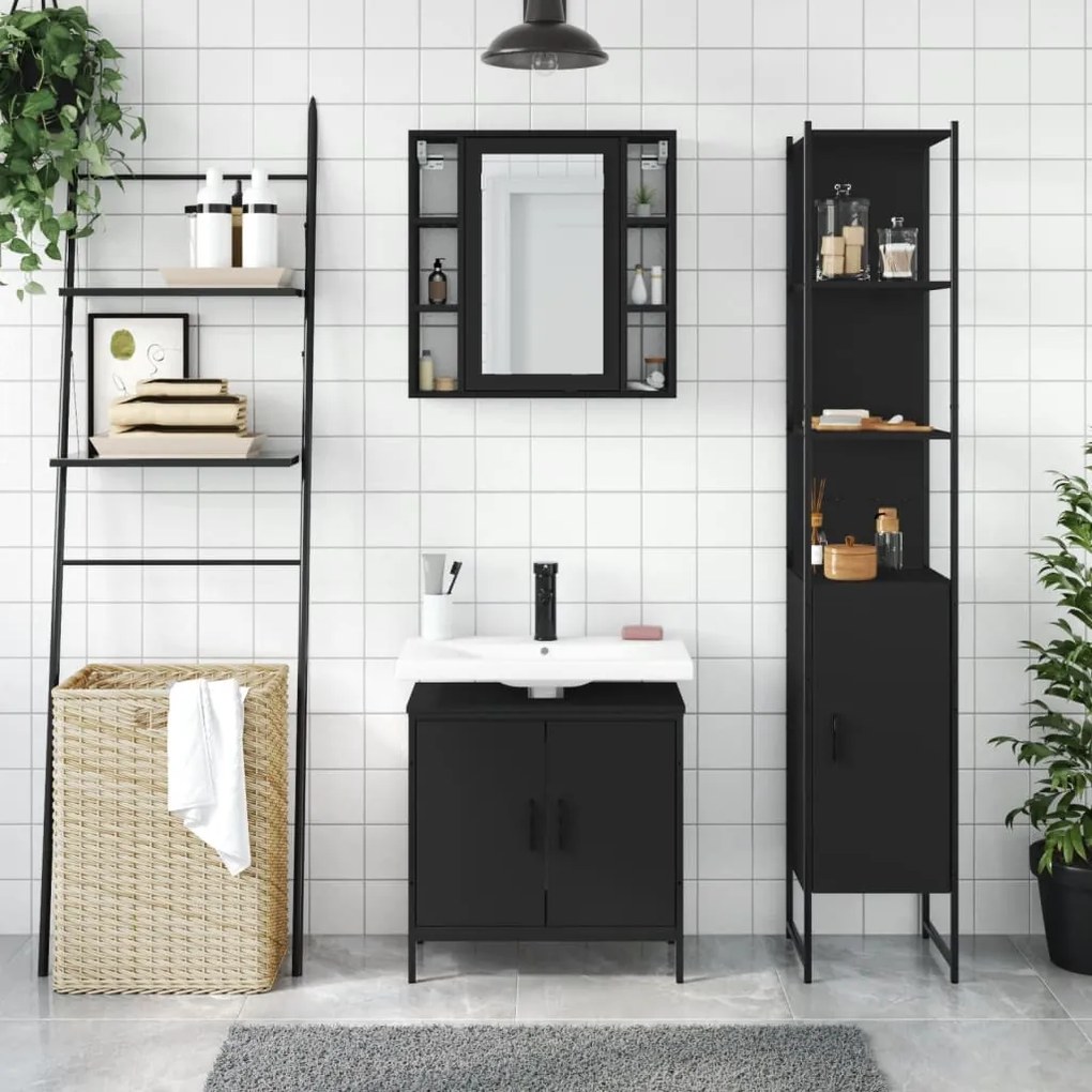 Set di mobili da bagno 3 pz nero in legno multistrato