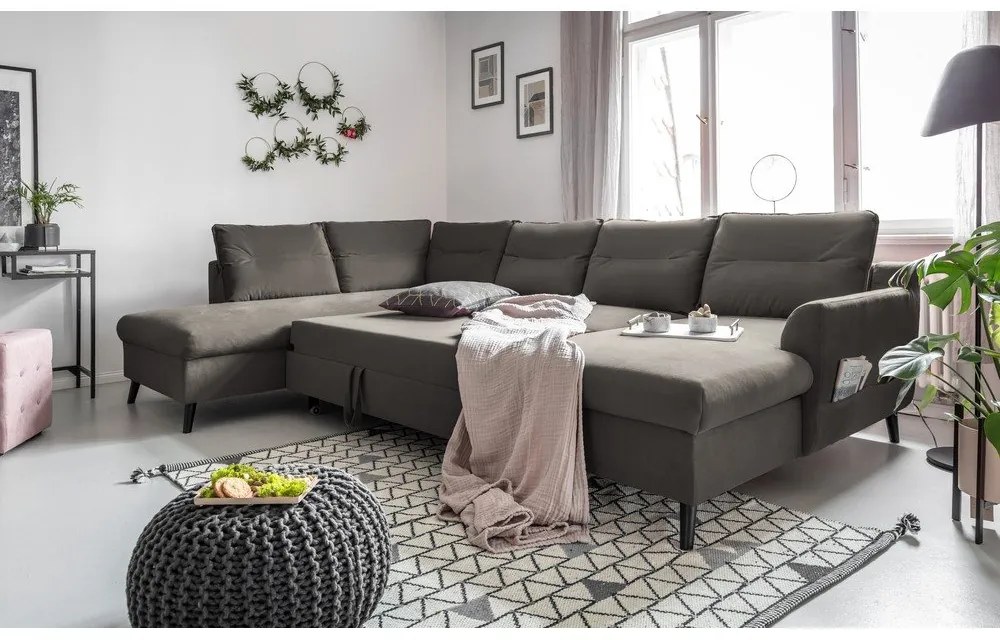 Divano letto a U in velluto grigio scuro, angolo sinistro Stylish Stan - Miuform