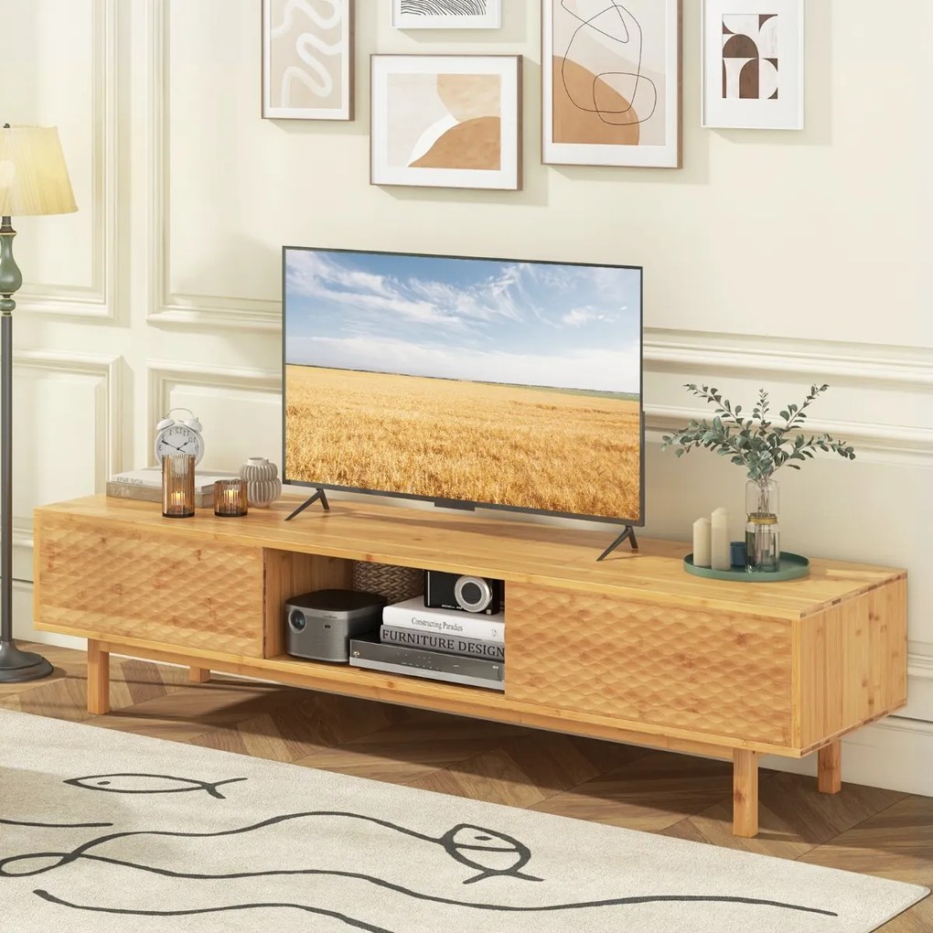 Costway Mobile TV in bambù moderno con porte scorrevoli e 3 compartimenti di archiviazione, Tavolo console TV Naturale