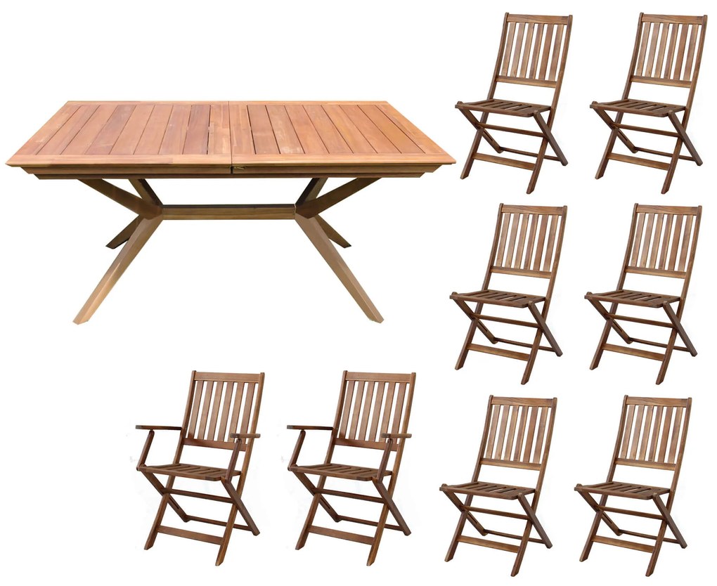 CAESAR - set tavolo in legno massiccio di acacia cm 150/200 x 90 x 78 h con 6 sedie e 2 poltrone Dresda