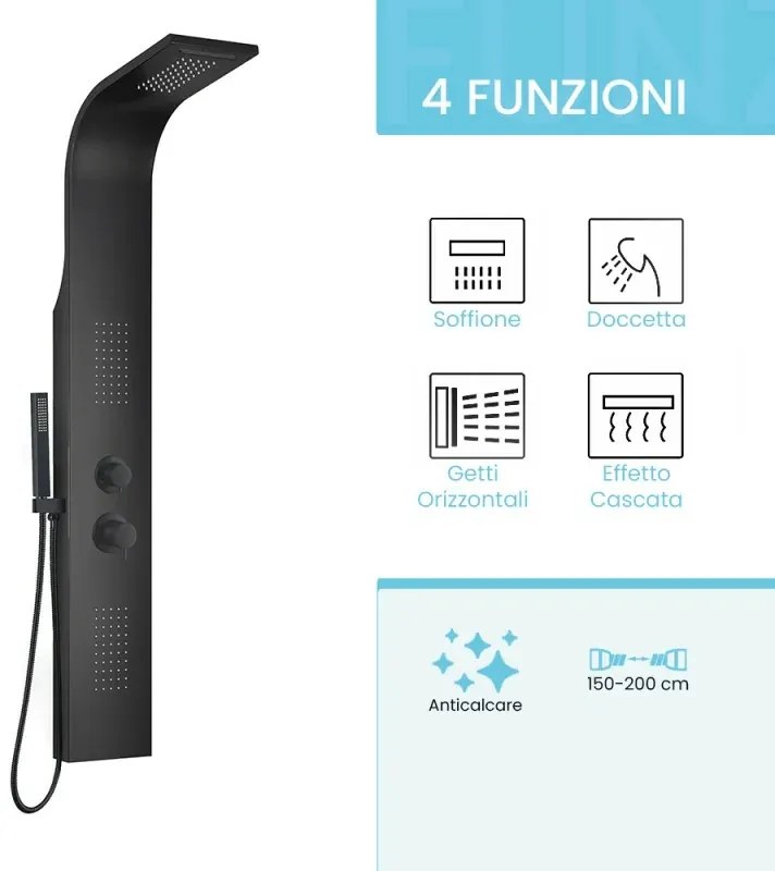 Pannello doccia idromassaggio in alluminio nero opaco con 4 getti