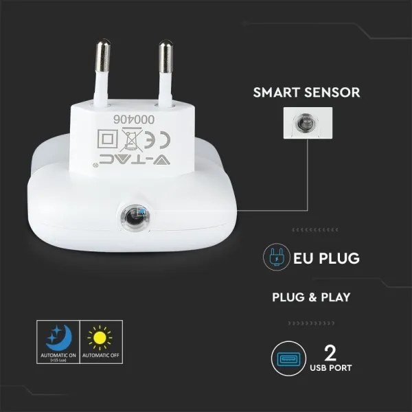 Luce notturna LED con sensore crepuscolare, 2xUSB, 0,45W, 230V, 4000K