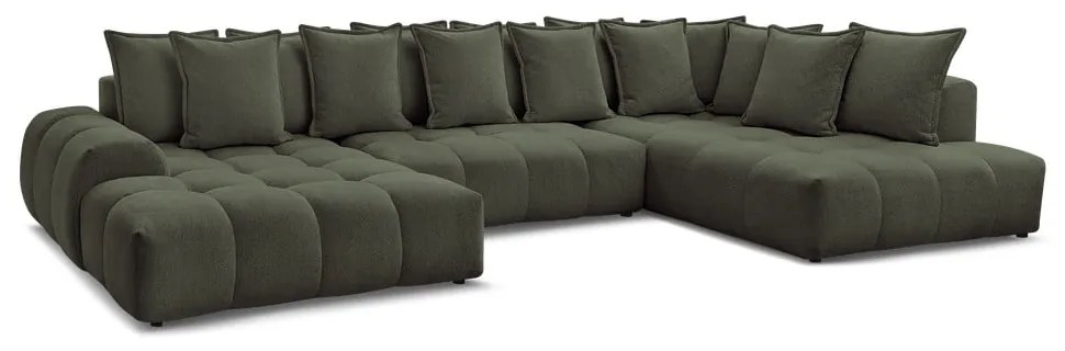 Divano angolare verde allungabile e con contenitore (penisola a destra/a U) con rivestimento in ciniglia Everest – Bobochic Paris