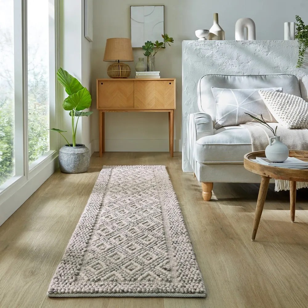 Passatoia grigio tessuta a mano in misto lana 60x230 cm Minerals Diamond - Flair Rugs