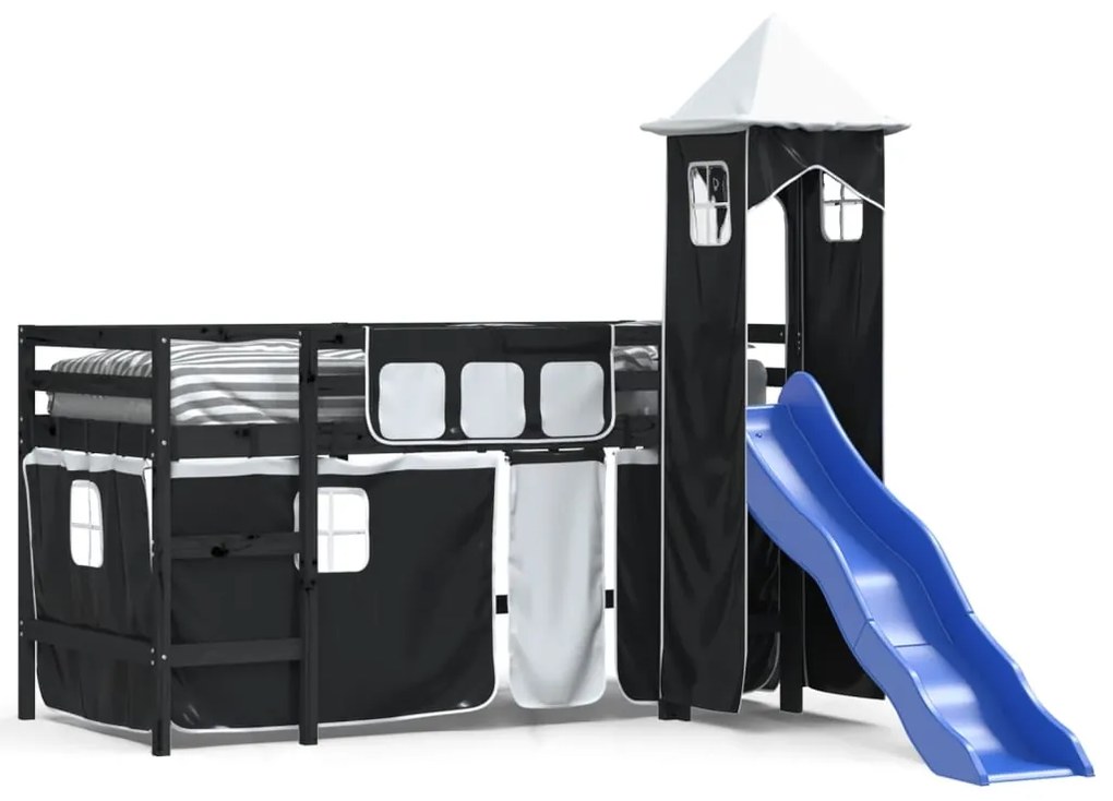 Letto a soppalco con torre bambini bianco e nero 80x200cm pino